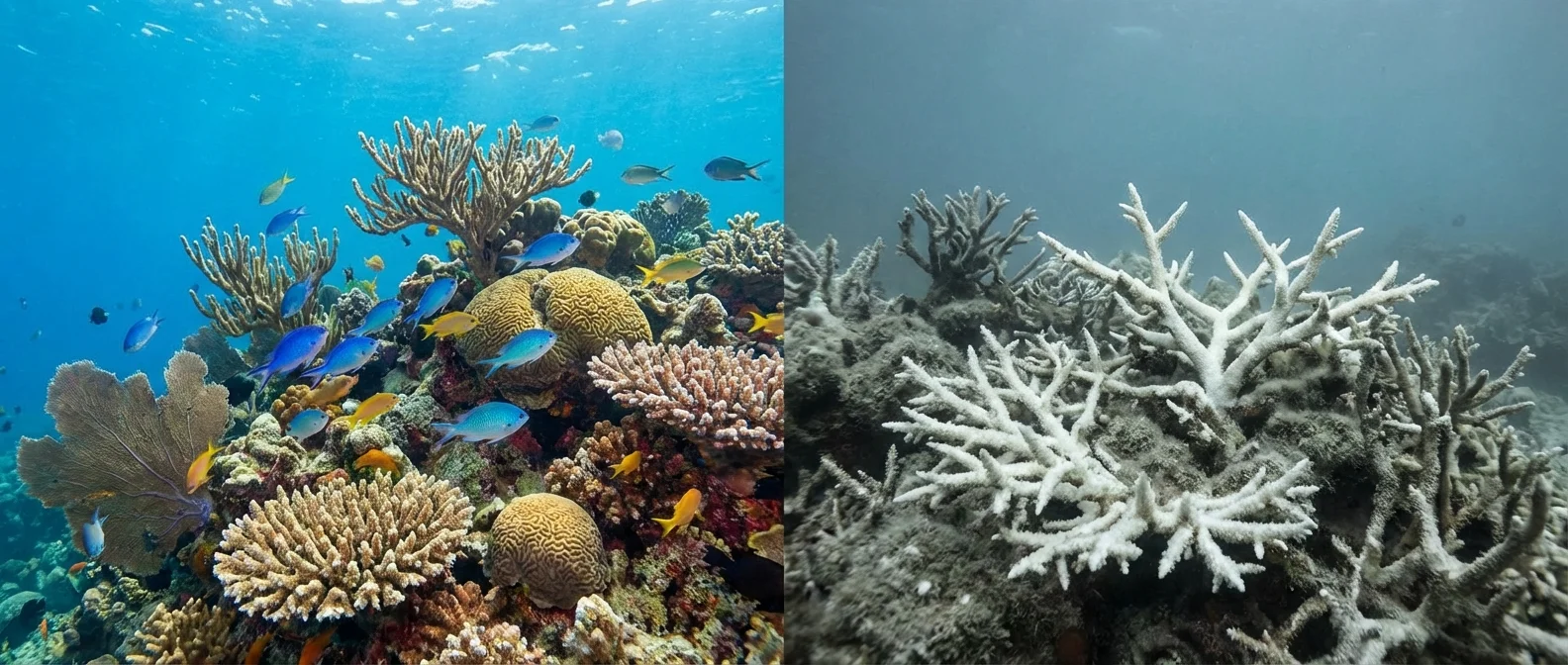 Bleached coral reef showing white skeletal remains after mass bleaching event damaged marine ecosystem