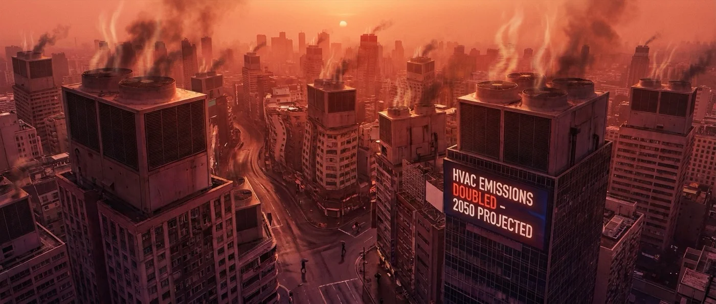 Global air conditioning units on building facades showing rising cooling demand and CO2 emissions by 2050