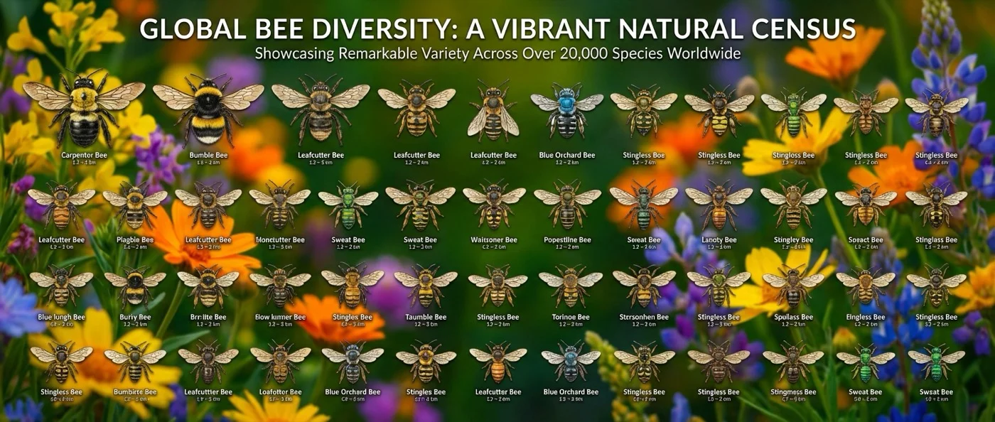 Global distribution map showing the locations of all 26,000 bee species across continents, highlighting biodiversity hotspots in desert regions
