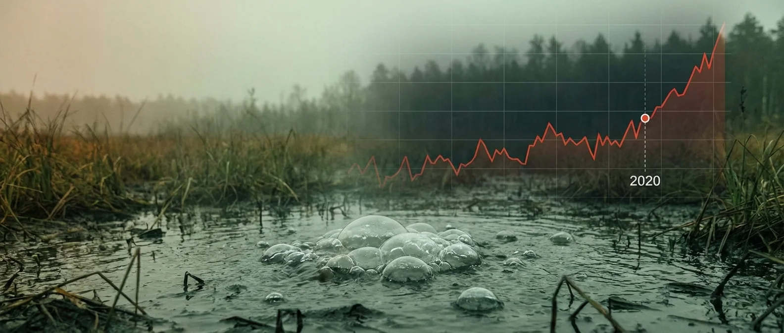 Satellite data showing methane concentration increases over tropical wetlands and rice paddies after 2020