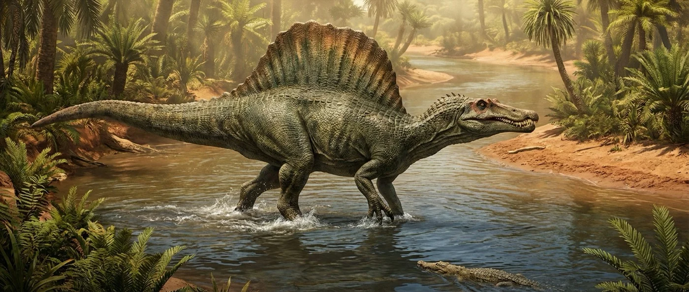 Spinosaurus mirabilis hell heron dinosaur wading in shallow river waters in ancient Sahara desert