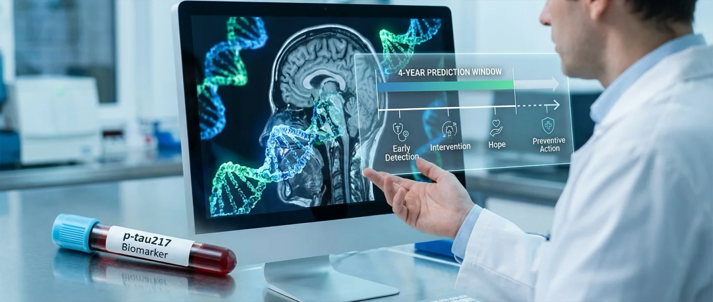 Blood test vial showing p-tau217 protein analysis for early Alzheimer's detection