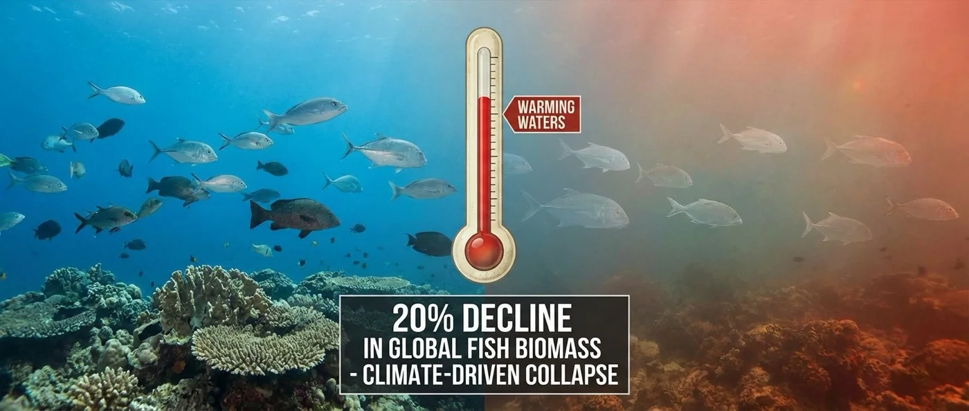 Global map showing declining fish biomass regions due to ocean warming effects by 2100