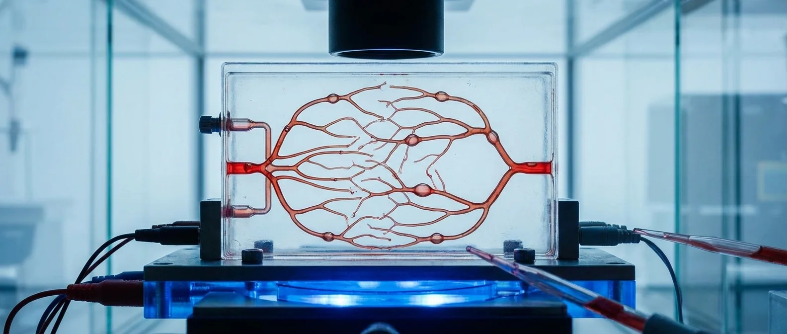 Microscopic view of vessel-on-chip showing branched blood vessels with living cells and realistic blood flow patterns
