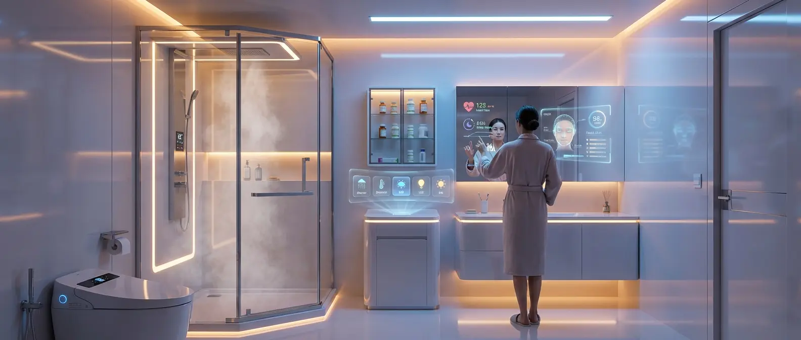 Futuristic bathroom with AR smart mirror and health monitoring