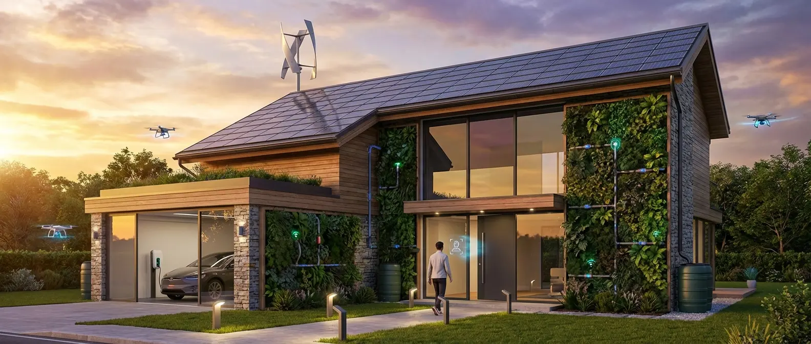 Smart home exterior view with solar panels, vertical gardens, and security drones