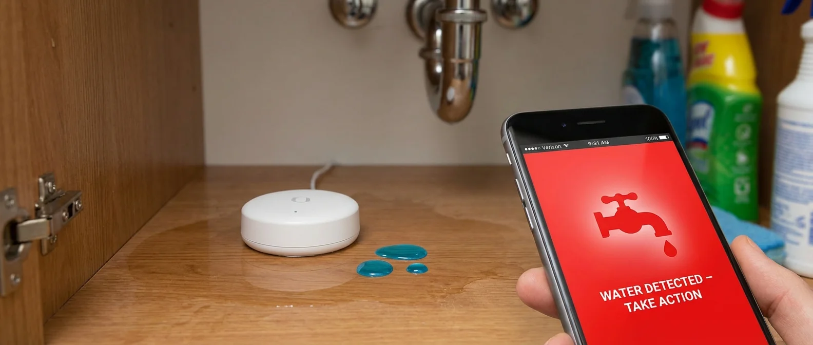 Smart water leak sensors comparison showing IKEA Klipbok, Aqara T1, and Eve Water Guard models with placement examples