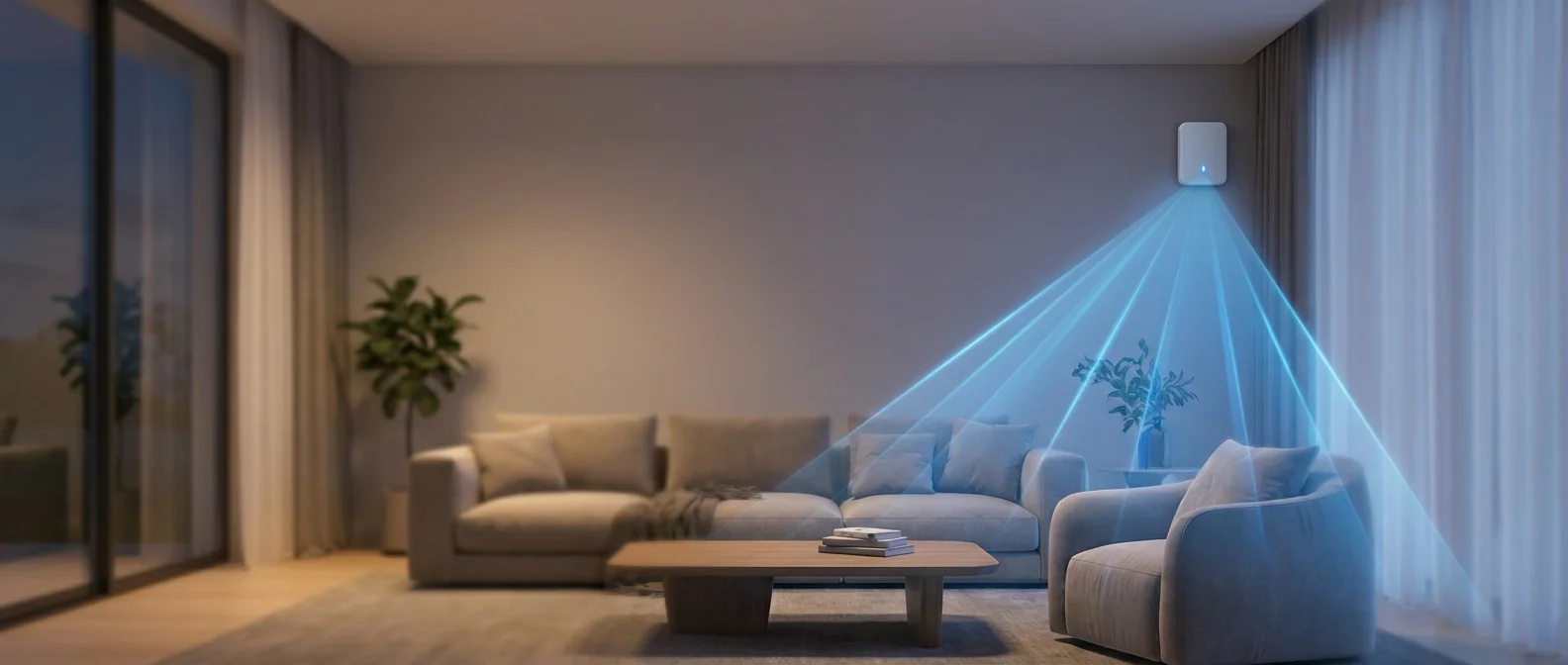 Comparison chart of PIR vs mmWave motion sensor technologies with detection patterns and smart home placement examples