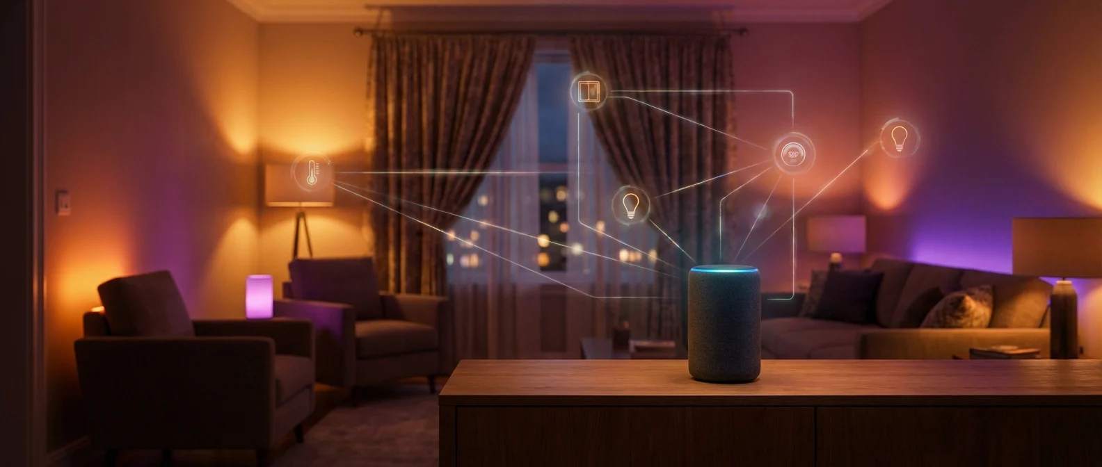 Amazon Echo device showing Alexa Routines setup interface with multiple smart home automations configured