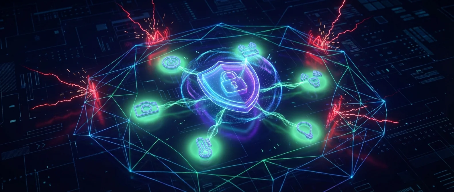 Smart home security dashboard showing IoT device protection status and network segmentation