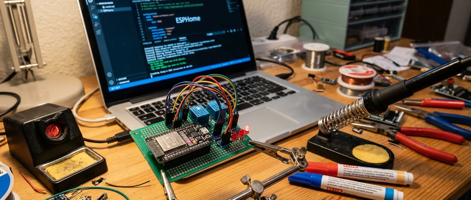 ESPHome interface showing YAML configuration for ESP32 IoT device creation