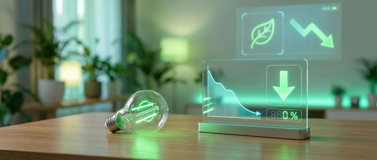 Smart LED bulbs and motion sensors showing energy consumption reduction in modern home lighting system