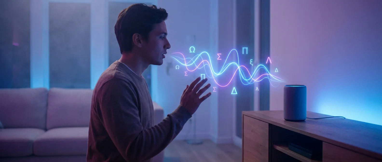 Greek voice commands interface showing Google Assistant, Alexa and Siri compatibility with smart home devices