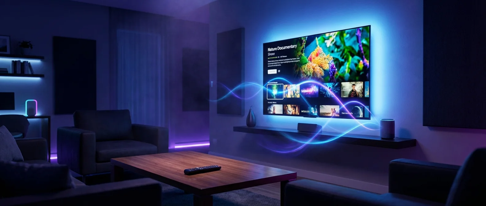 Smart TV being controlled by voice commands through Alexa and Google Assistant devices