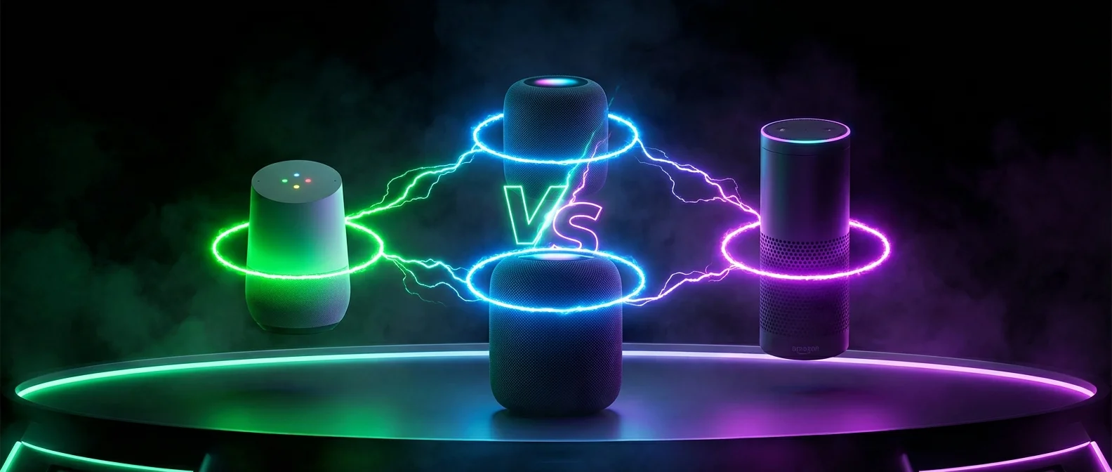 Side-by-side comparison of Google Assistant, Siri, and Alexa voice assistants showing their capabilities and smart home integration in 2026