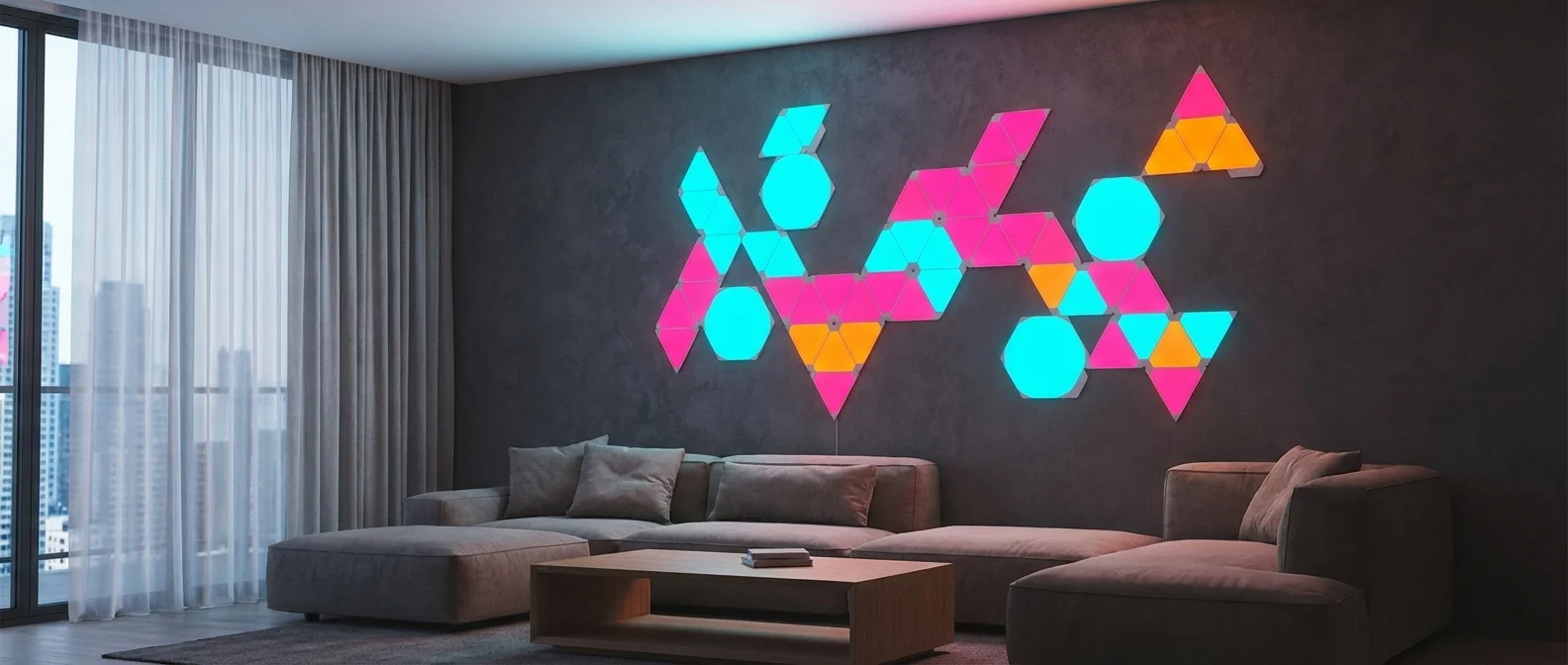 Nanoleaf modular LED wall panels displaying colorful geometric patterns in modern living room