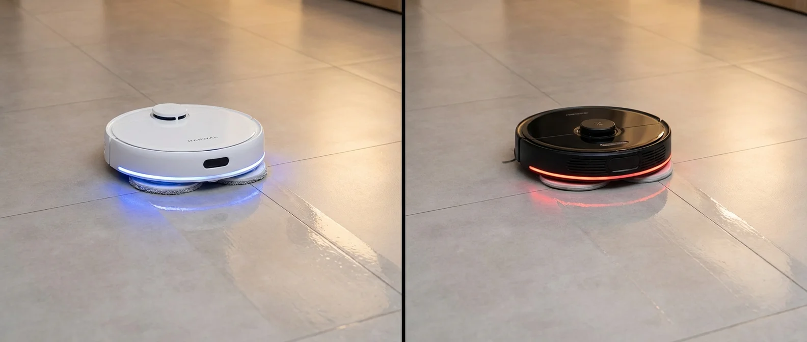 Side-by-side comparison of Narwal and Roborock robot mops showing cleaning performance on tile floors