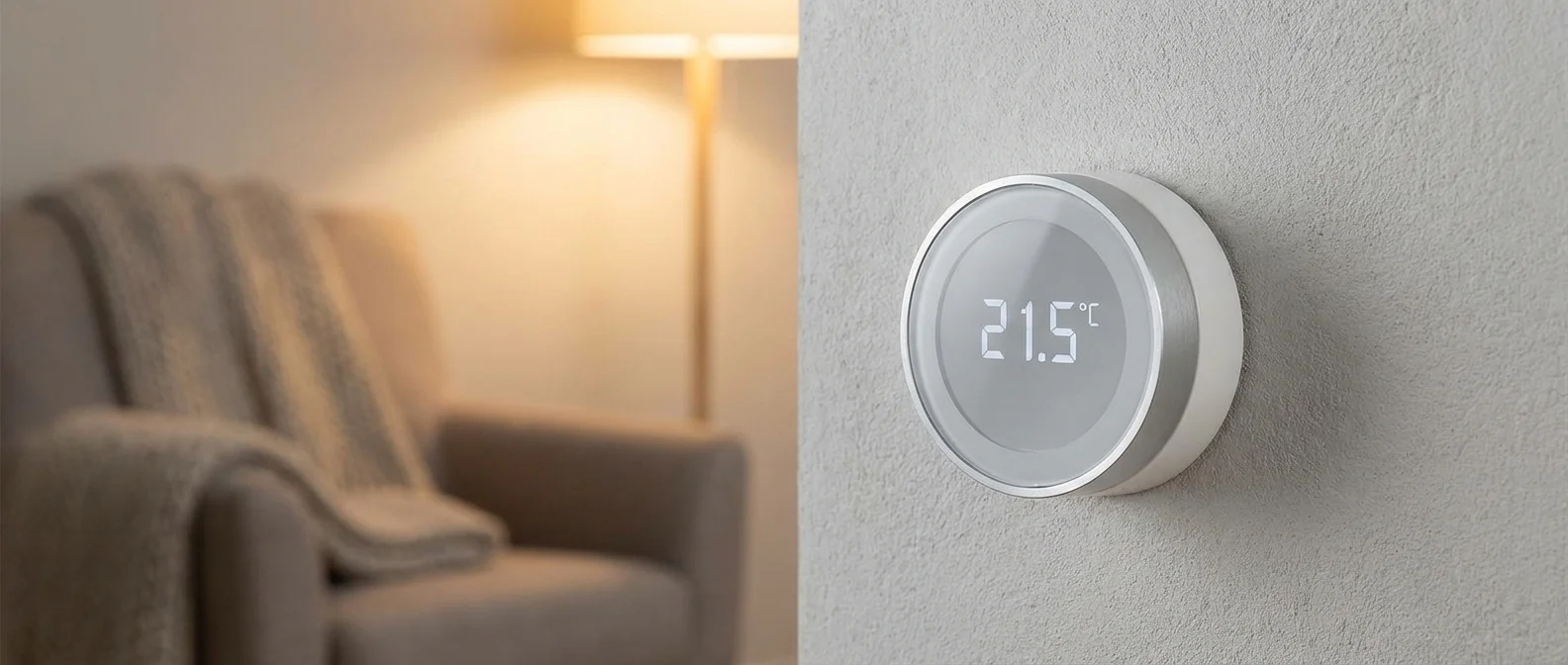 Netatmo Smart Thermostat mounted on wall showing sleek Philippe Starck design with digital display