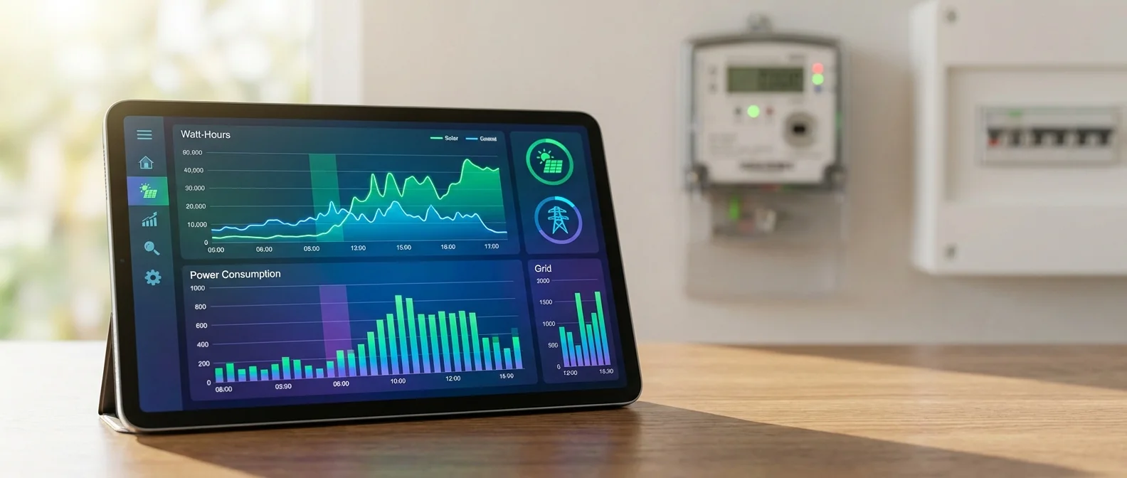 Smart home electricity monitoring dashboard showing real-time consumption data from various appliances and devices