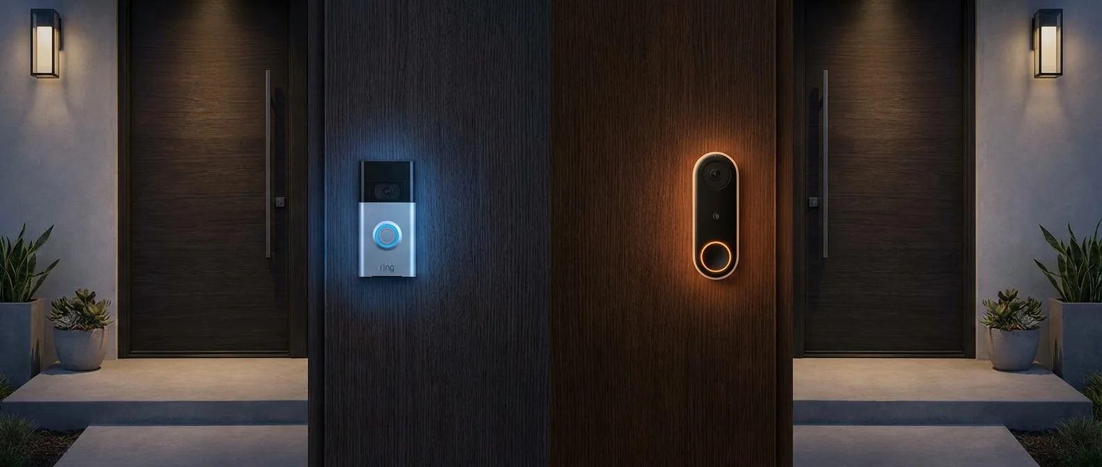 Ring and Google Nest doorbell cameras side-by-side comparison showing design and features