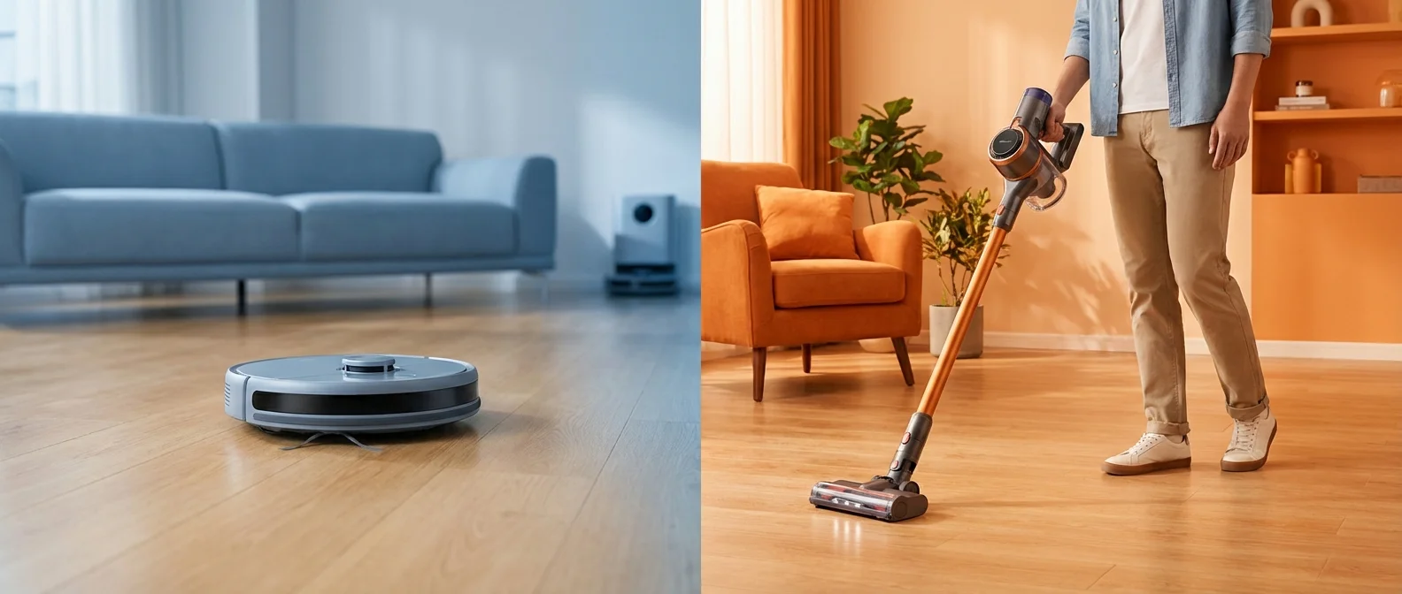 Side-by-side comparison of modern robot vacuum and cordless stick vacuum on hardwood floor