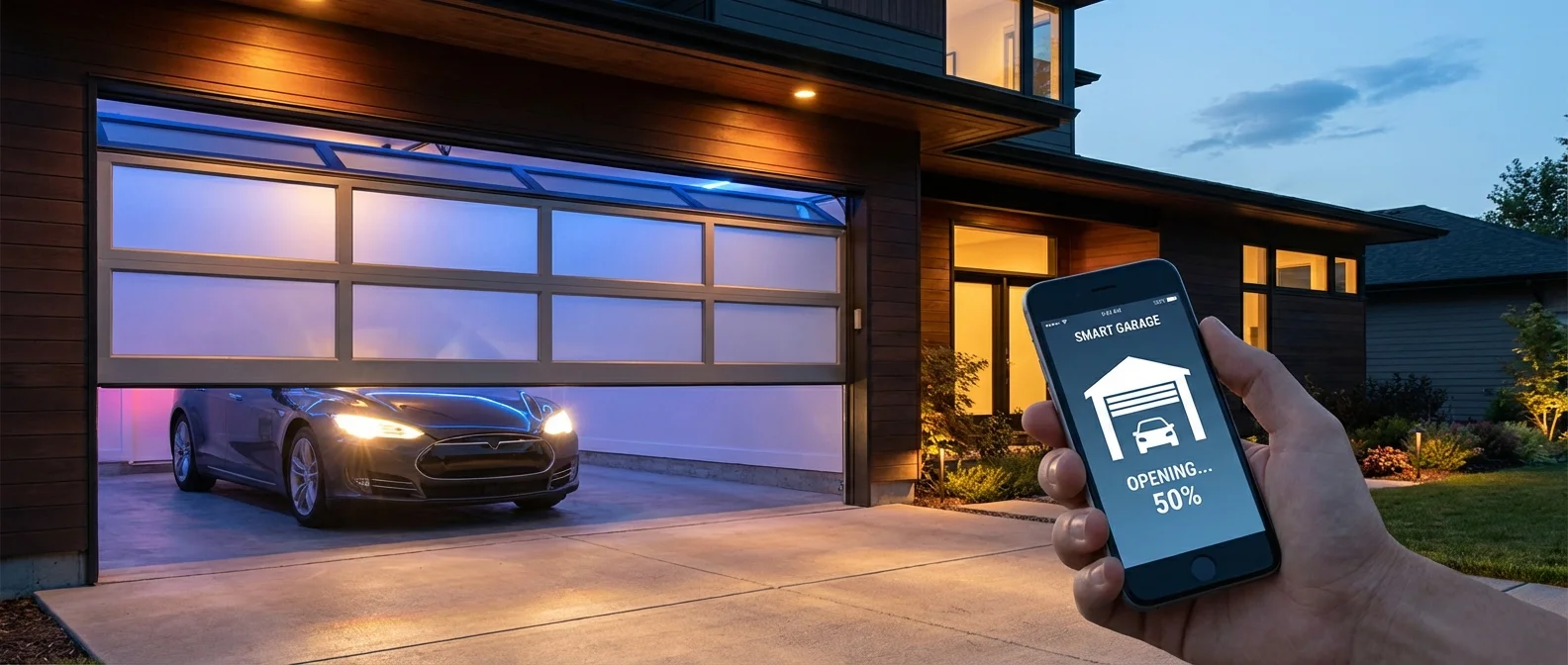 Smart garage door controller mounted on wall with smartphone app interface showing open/close controls