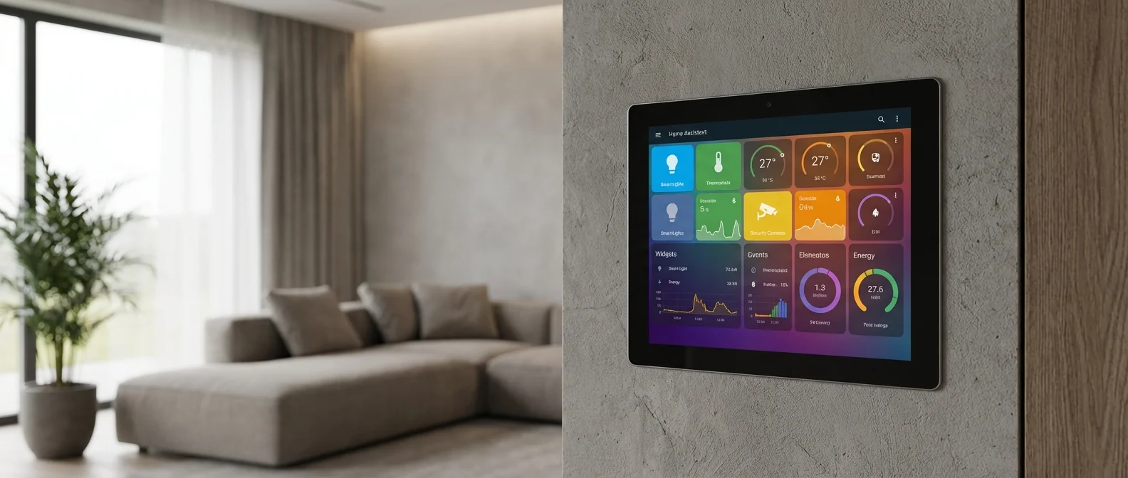 Wall-mounted smart home dashboard showing temperature, lighting controls, security cameras and energy monitoring on tablet display