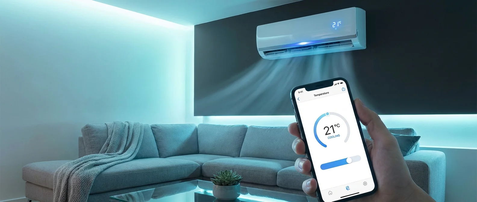 Smart AC controller device connected to air conditioner with smartphone app interface