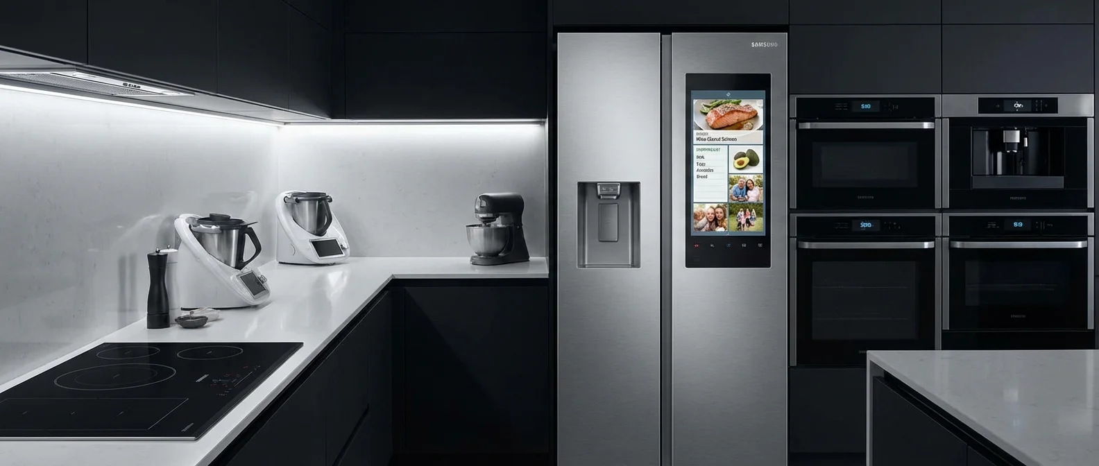 Smart refrigerator with touchscreen display showing recipe interface and interior camera view in modern kitchen