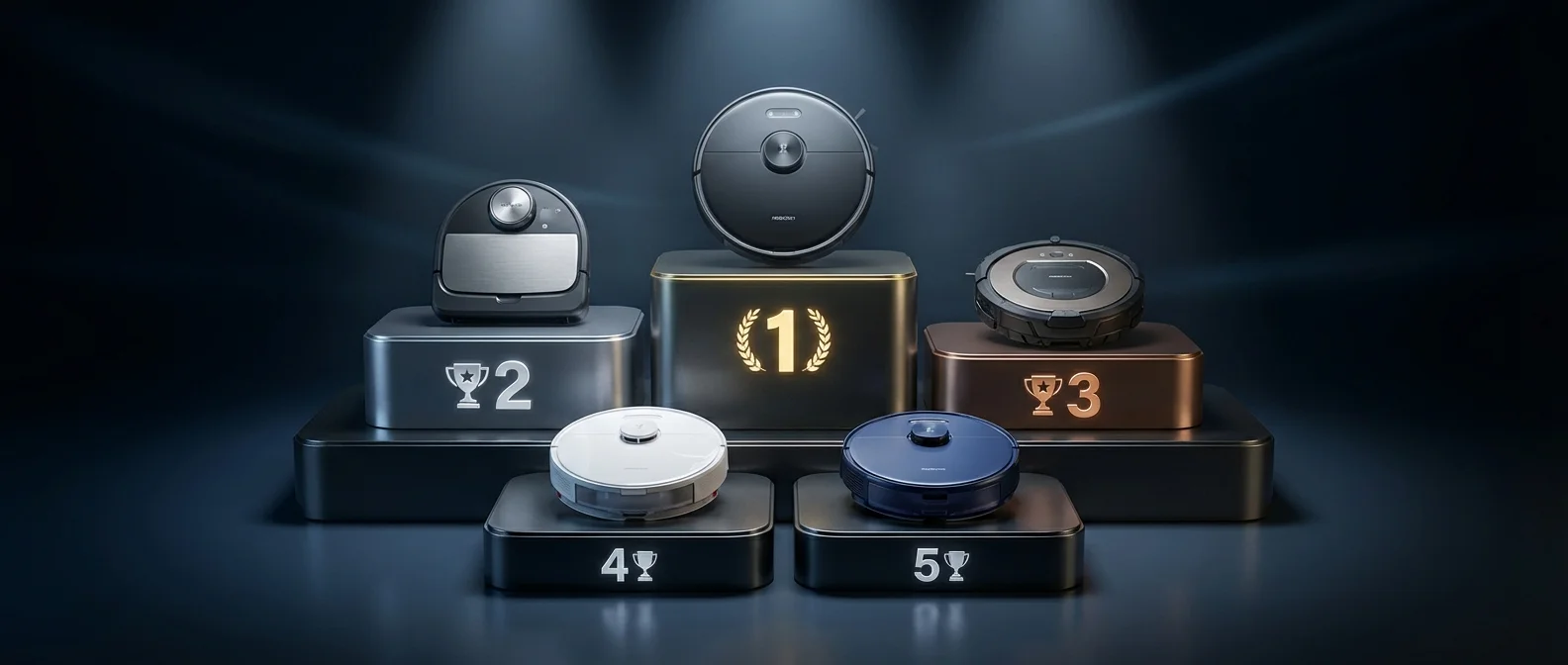 Side-by-side comparison of top 10 robot vacuums showing Roborock, Roomba, Ecovacs and other leading models