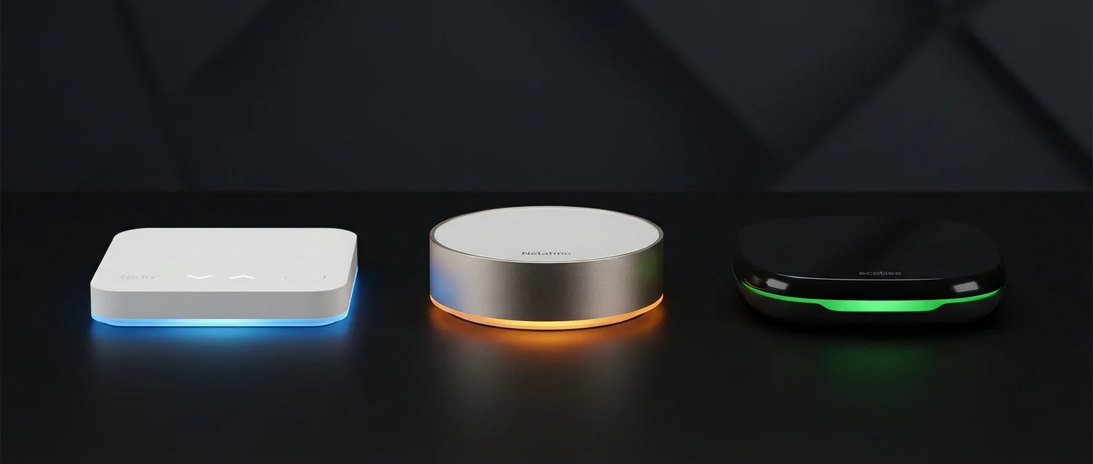 Side-by-side comparison of Tado V4, Netatmo Smart Thermostat, and Ecobee Premium displaying features and pricing for 2026