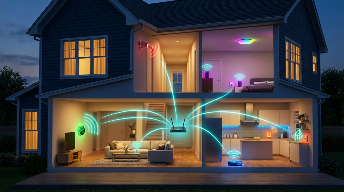 WiFi mesh router system covering smart home devices including cameras, thermostats, and IoT gadgets