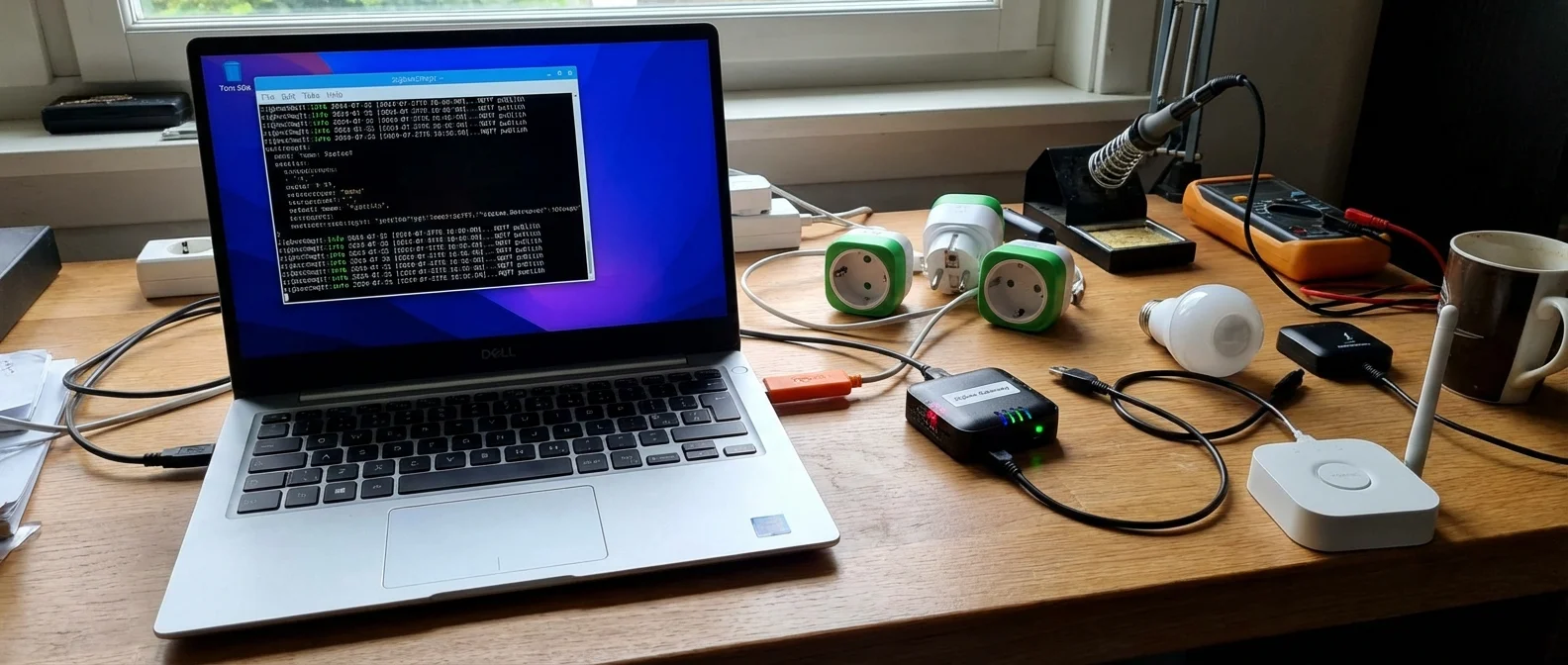 Zigbee2MQTT installation interface showing coordinator setup and device pairing process