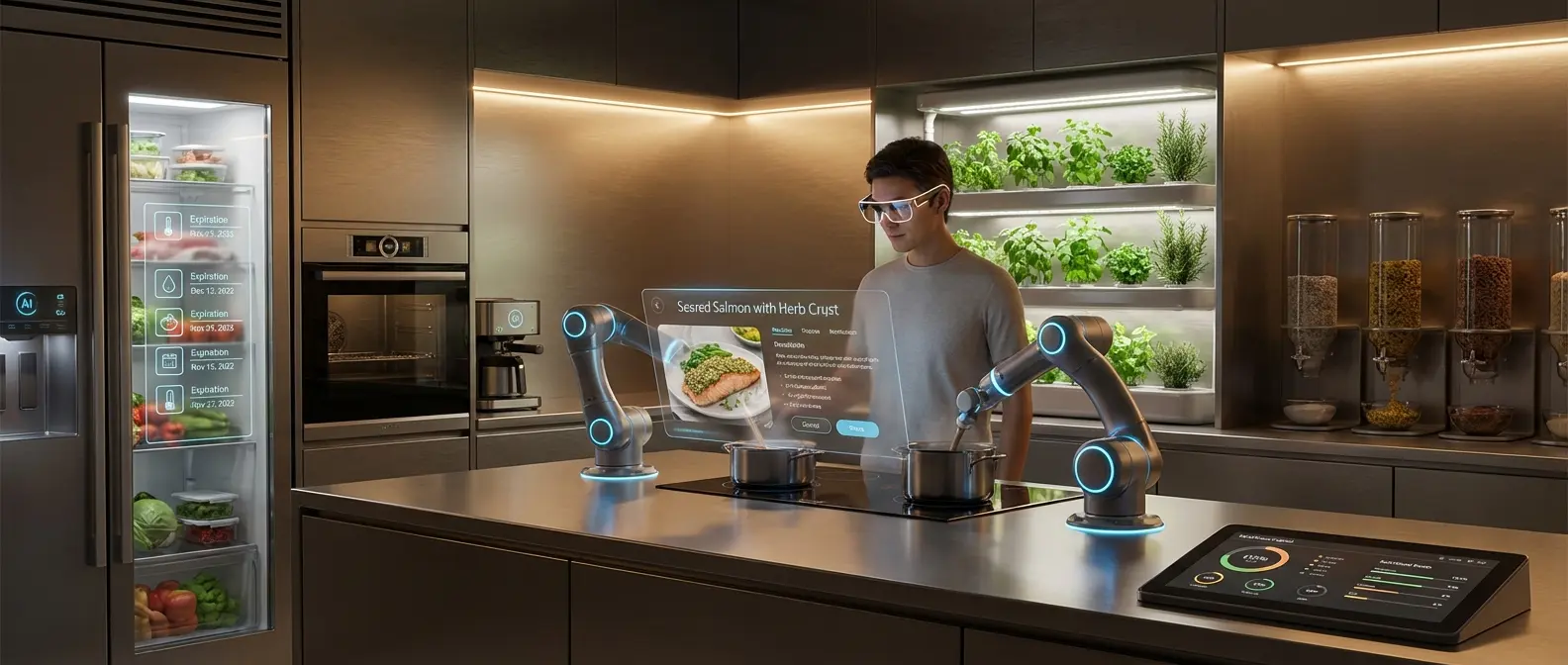 Futuristic smart kitchen with robotic arms and holographic recipes