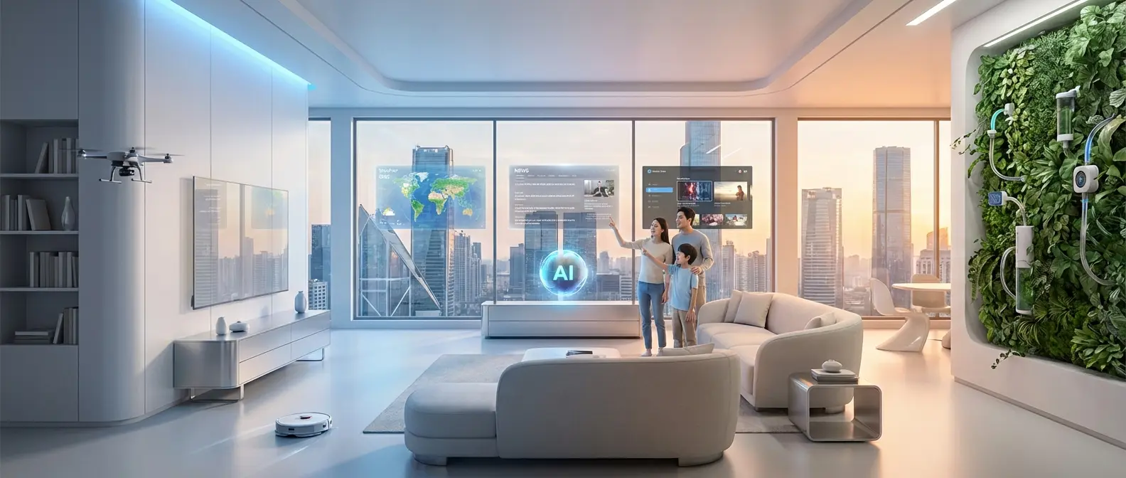 Futuristic living room with holographic displays and AI assistant