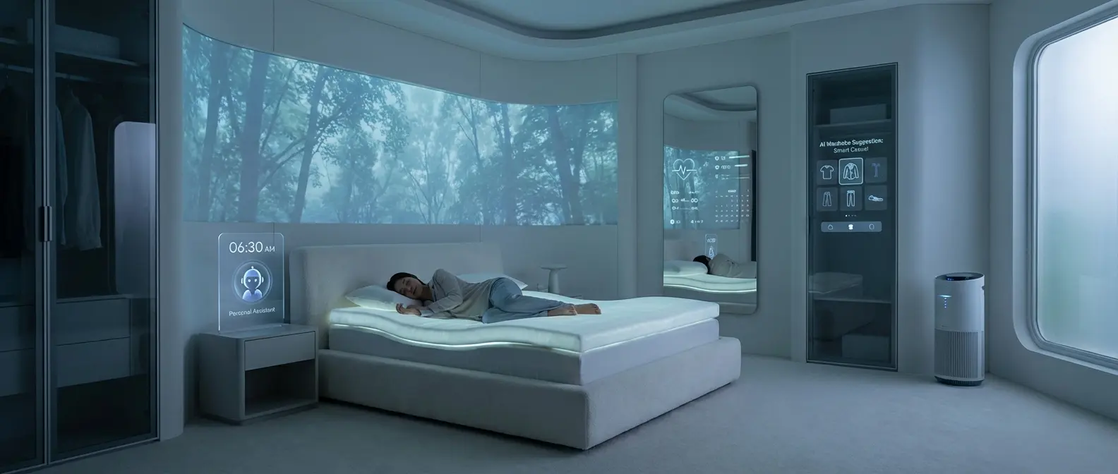 Advanced bedroom with smart bed and color-changing walls