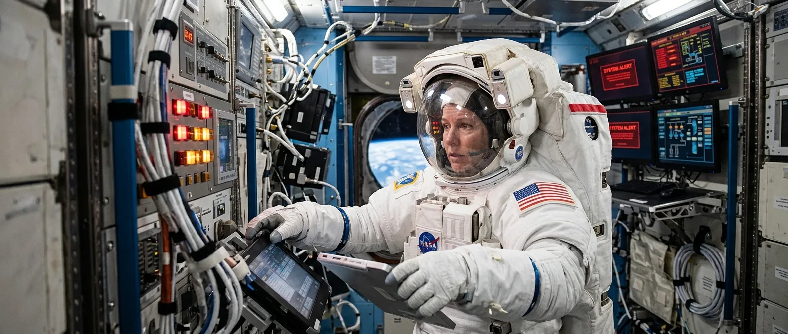 Sergei Krikalev floating in the Mir space station during his extended mission while the Soviet Union collapsed below