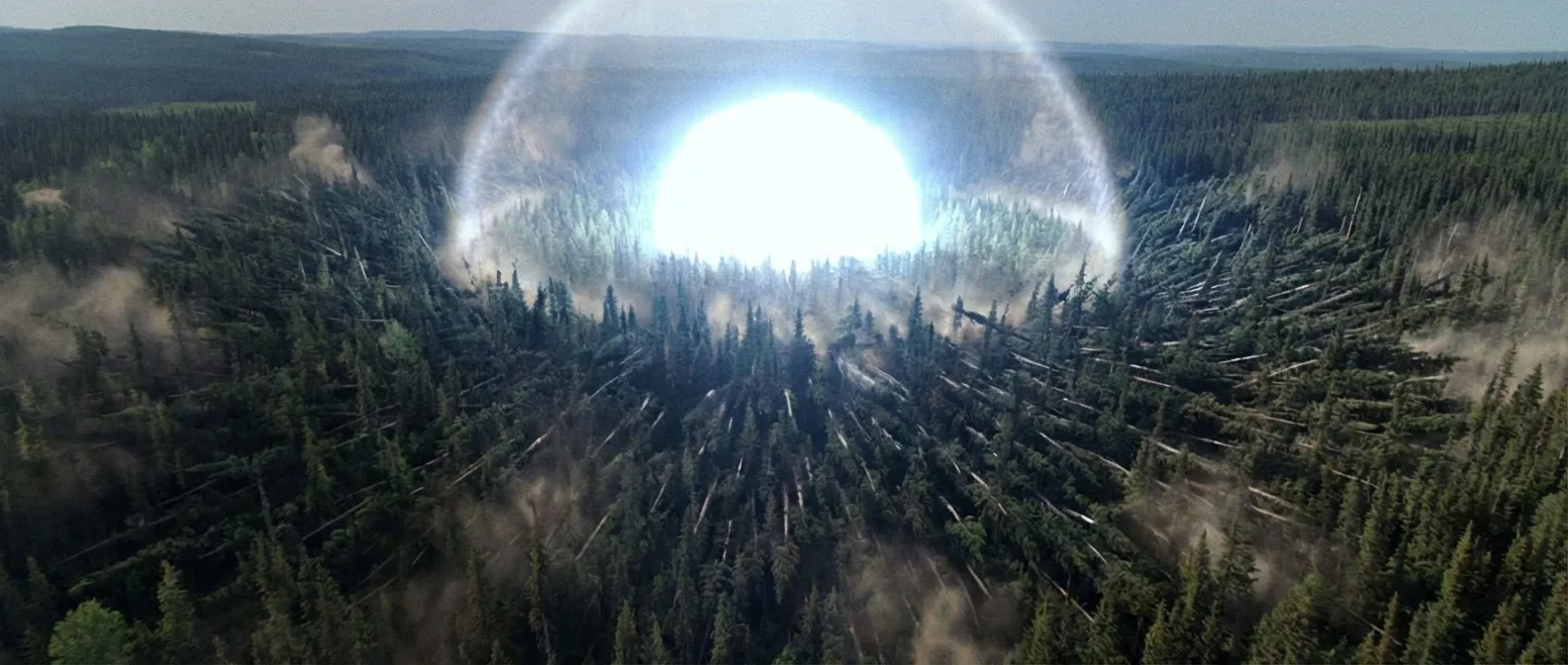 Flattened trees radiating outward from the Tunguska explosion epicenter in Siberian forest