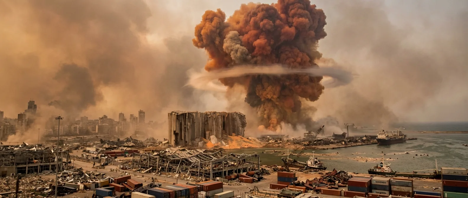 Massive smoke plume and destruction from the Beirut port explosion on August 4, 2020, showing damaged buildings and debris across the city