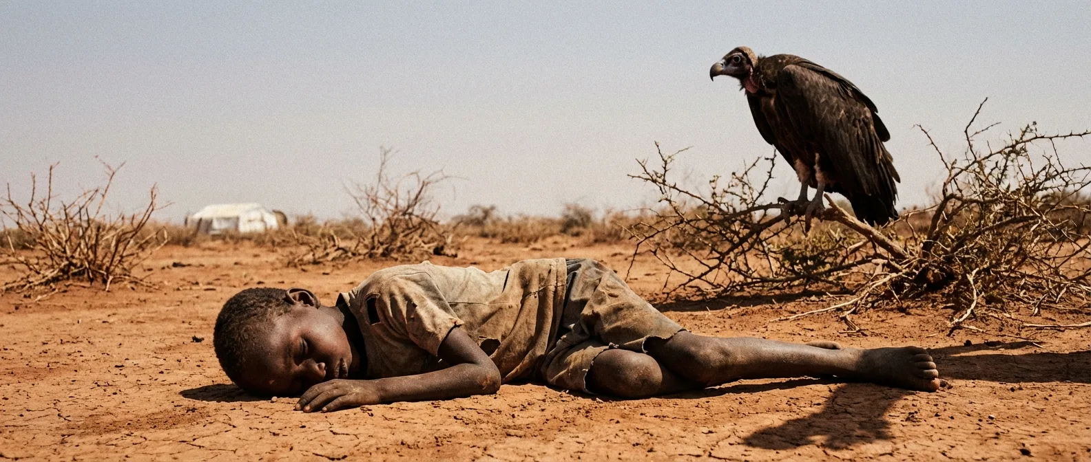 Kevin Carter's famous 1993 photograph showing a vulture waiting behind a starving child in Sudan
