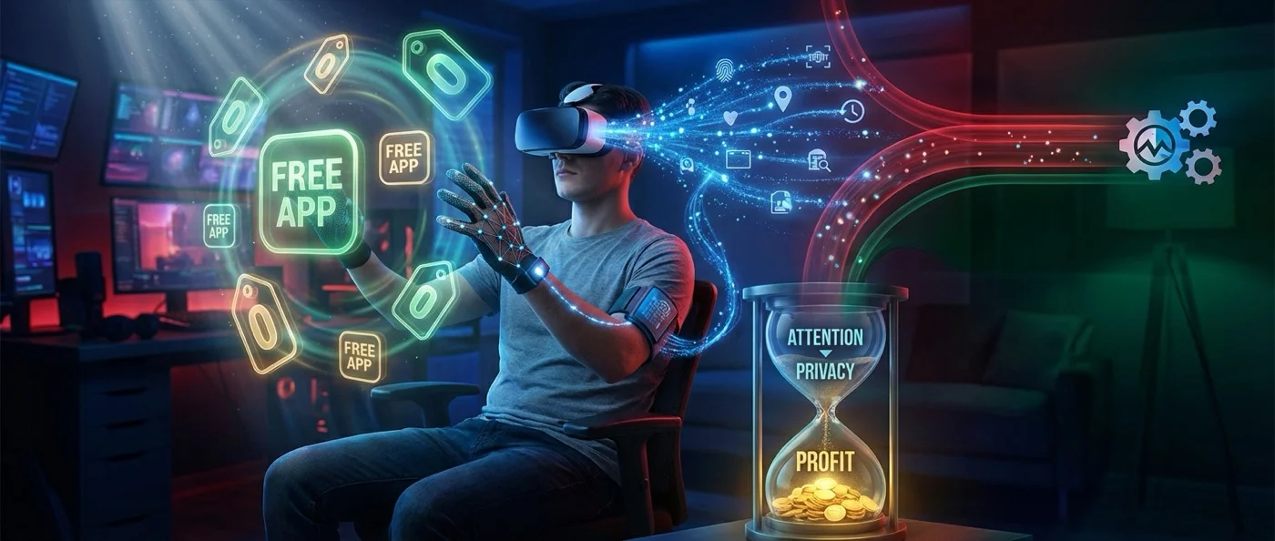 Infographic που δείχνει πώς οι δωρεάν ψηφιακές υπηρεσίες μετατρέπουν τα προσωπικά δεδομένα σε κέρδη