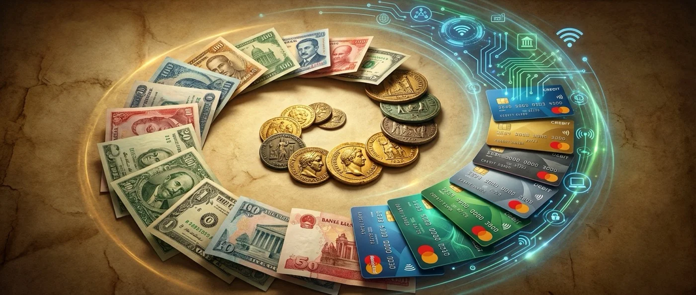 Timeline showing the evolution of money from ancient bartering systems to modern cryptocurrency and digital payments