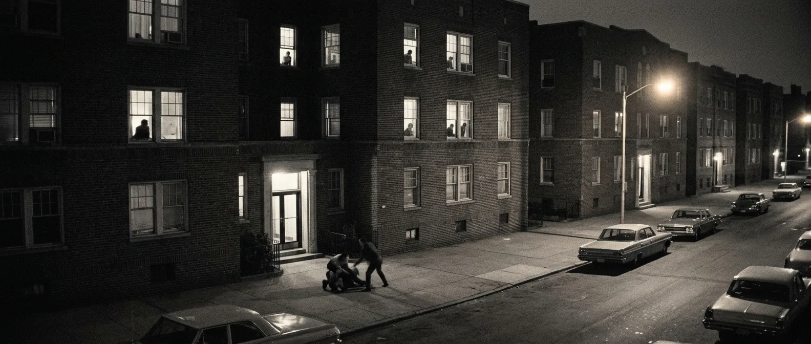 Kitty Genovese walking home at night in Queens, 1964, moments before the tragic attack that shocked America