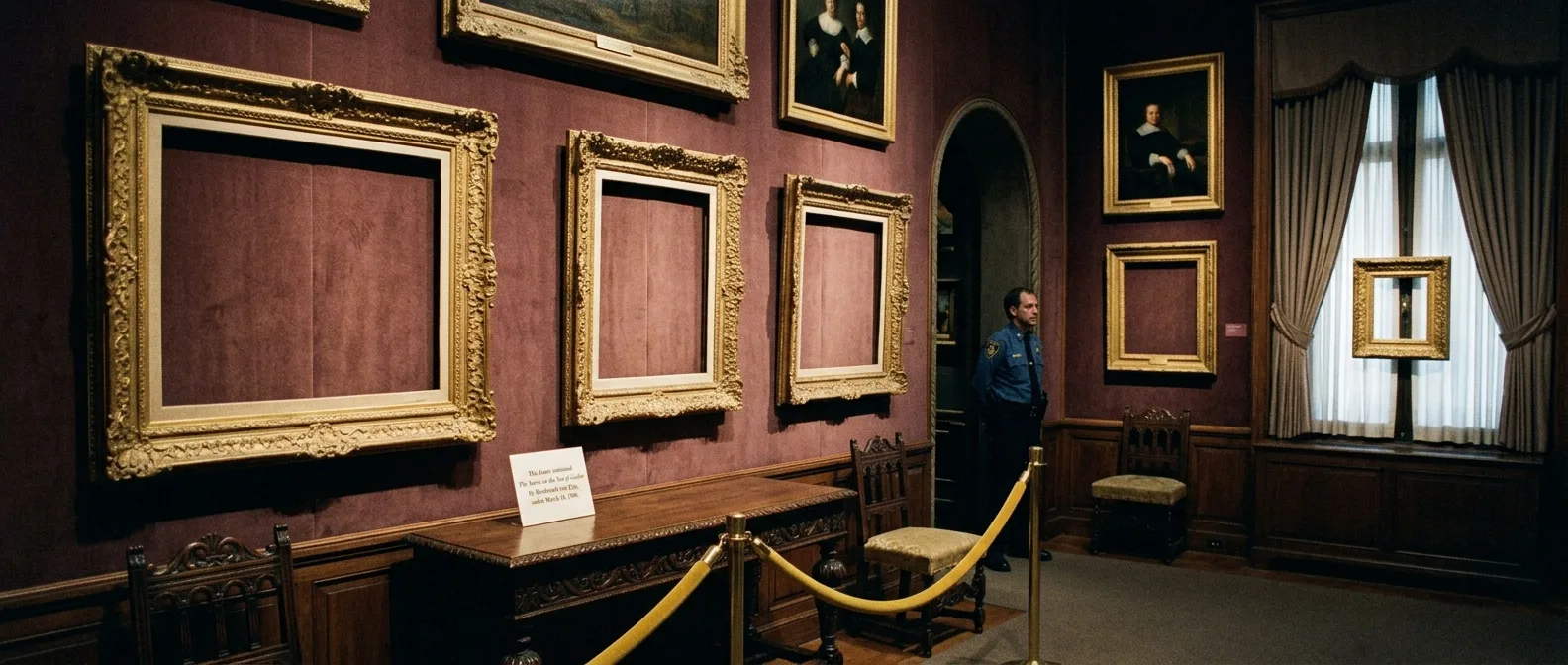 Empty frames hanging on museum wall where stolen Gardner Museum masterpieces once displayed
