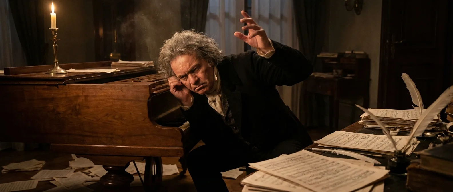 Ludwig van Beethoven composing at piano despite his progressive hearing loss