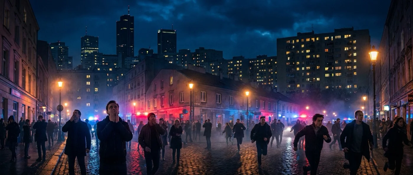 City street at night with lights on in every window during mass hysteria event