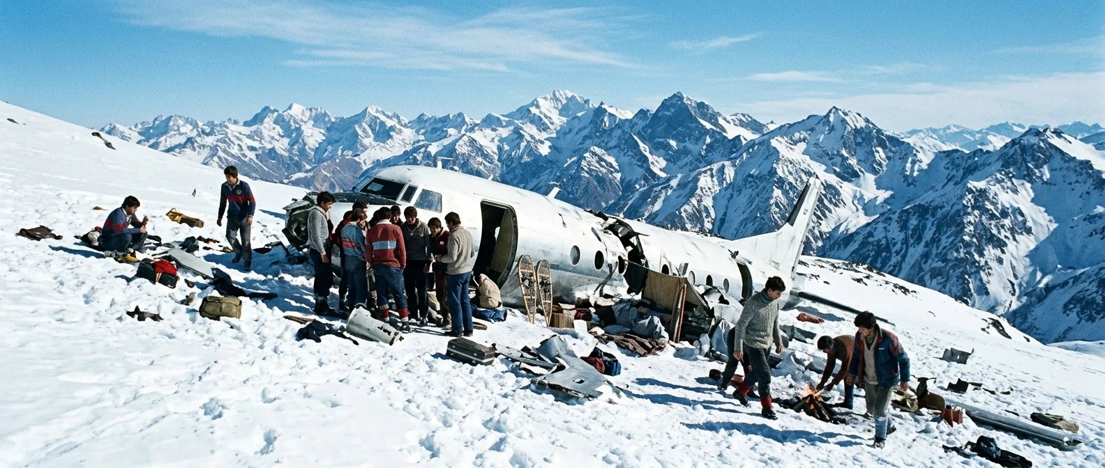 Survivors of Uruguayan Air Force Flight 571 after their rescue from the Andes Mountains in 1972