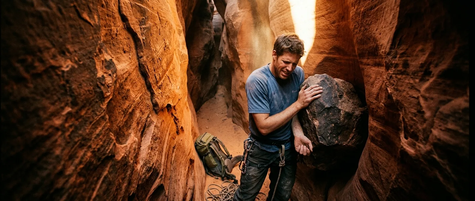 Aron Ralston trapped in Bluejohn Canyon with his arm pinned under a boulder during his 127-hour ordeal