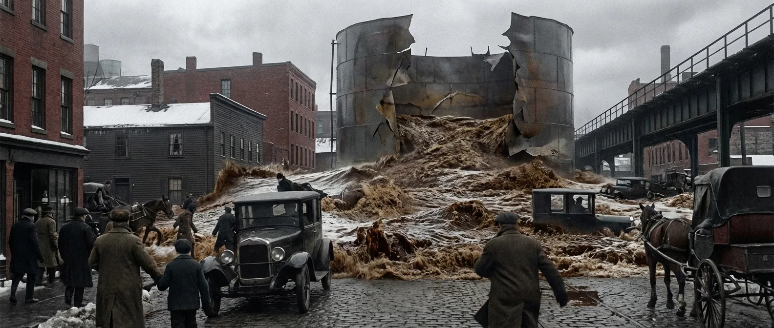 The aftermath of the 1919 Boston molasses flood showing destroyed buildings and sticky debris in the North End