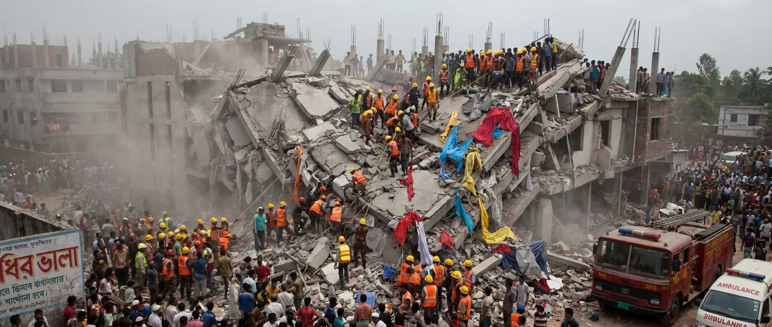 Rana Plaza building collapse aftermath showing rescue workers searching through debris in Dhaka, Bangladesh